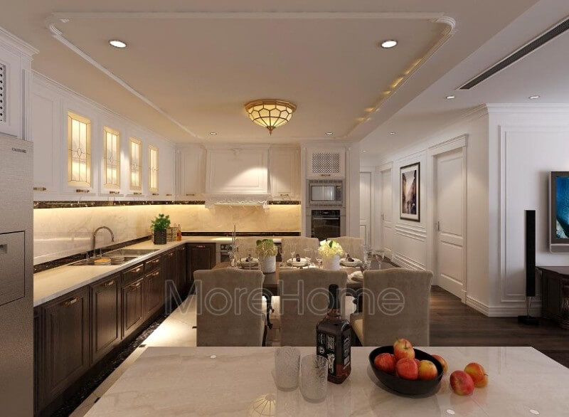 Với lối thiết kế tận dụng mọi góc chết, nội thất phòng bếp chung cư trông rộng và thoáng hơn. Nội thất phòng bếp tân cổ điển