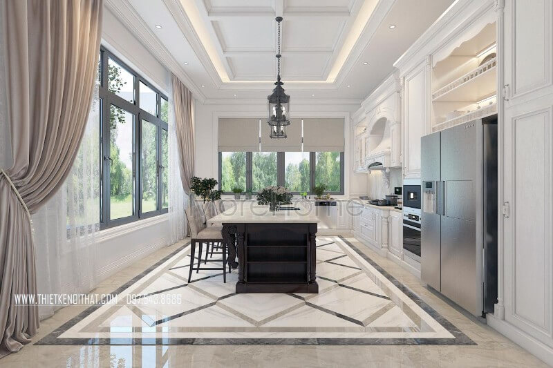 Thiết kế nội thất phòng bếp biệt thự tân cổ điển sang trọng, tiện nghi và bắt mắt với gam màu đen trắng chủ đạo Nội thất phòng bếp tân cổ điển