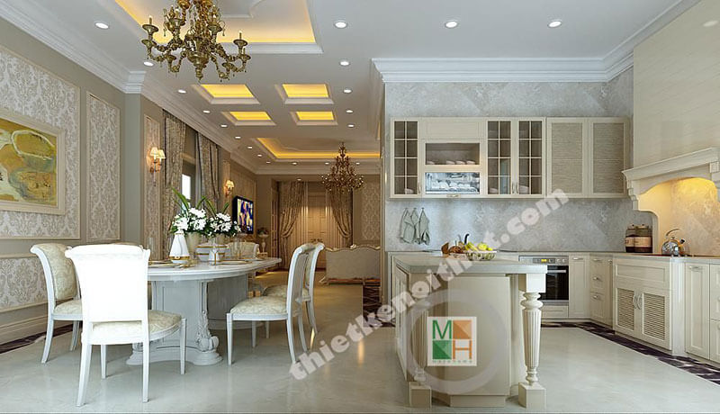 Phòng bếp với tone màu trắng cùng nội thất tân cổ điển tạo cảm giác sạch sẽ và sang trọng Nội thất phòng bếp tân cổ điển