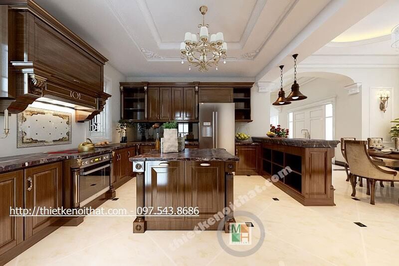Thiết kế phòng bếp tại biệt thự gỗ hương phong cách tân cổ điển sang trọng, cuốn hút tạo không gian nấu nướng tiện nghi cho người nội trợ Nội thất phòng bếp tân cổ điển