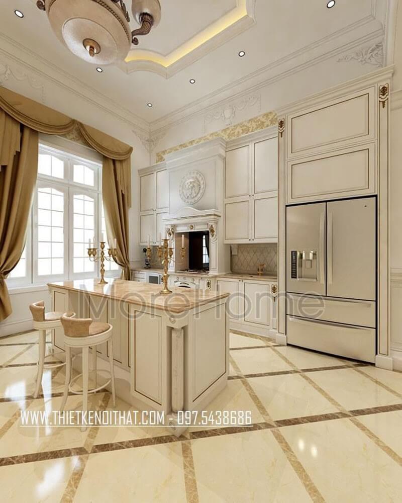 Thiết kế nội thất bếp sang trọng với hệ thống tủ bếp màu tắng đường nét tân cổ điển trang trí tỉ mỉ, tinh tế Nội thất phòng bếp tân cổ điển