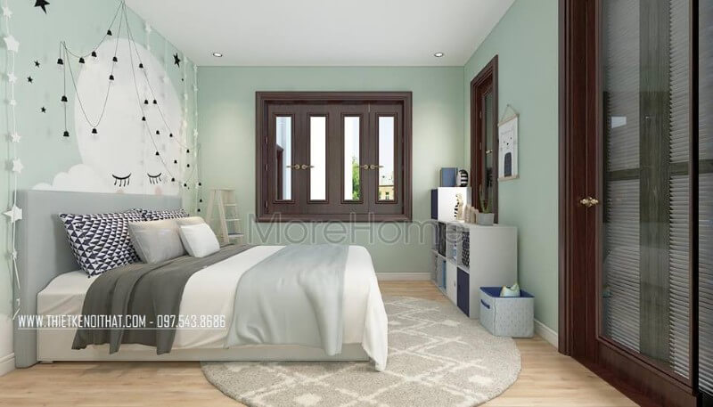 Thiết kế phòng ngủ bé trai hiện đại với gam màu xanh nhạt đóng vai trò chủ đạo
