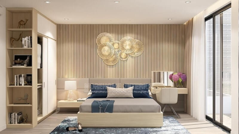 Thiết kế nội thất phòng ngủ gỗ hiện đại tông màu nâu sáng cho nhà phố Trương Định Thiết kế phòng ngủ nhà phố