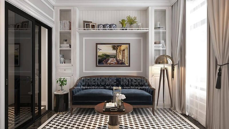 Kệ trang trí cùng ghế sofa được thiết kế khá hợp lý giúp không gian vừa trở nên thông thoáng nhưng lại tạo điểm nhấn ấn tượng, độc đáo cho phòng đọc sách. Thiết kế nội thất
