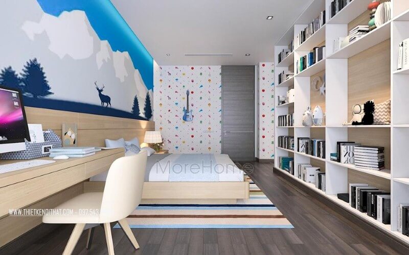 Kệ trang trí phòng ngủ trẻ đẹp, độc đáo với thiết kế tủ kệ trang trí nhiều ngăn giúp không gian trở nên thông thoáng, đẹp mắt. Thiết kế nội thất