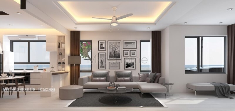 Phòng khách hiện đại, độc đáo với ý tưởng trang trí tranh treo tường làm điểm nhấn kết hợp cùng sofa góc hiện đại tạo nên nét độc đáo, sang trọng. Thiết kế nội thất