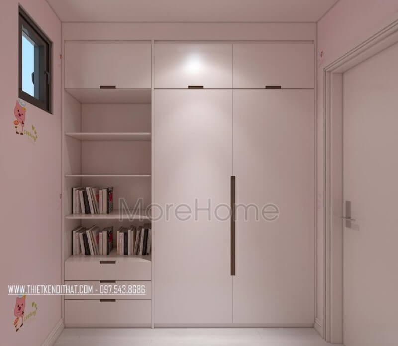 Tủ quần áo hiện đại gỗ công nghiệp kết hợp kệ để sách hiện đại, đẹp cho phòng ngủ con gái. Thiết kế nội thất