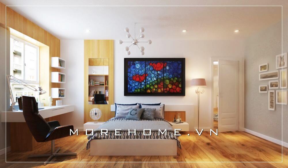 Thiết kế nội thất phòng ngủ nhà phố hiện đại, bàn làm việc được bố trí liền kề với giường ngủ tạo cảm giác thuận tiện và thoải mái nhất cho gia chủ Thiết kế phòng ngủ nhà phố