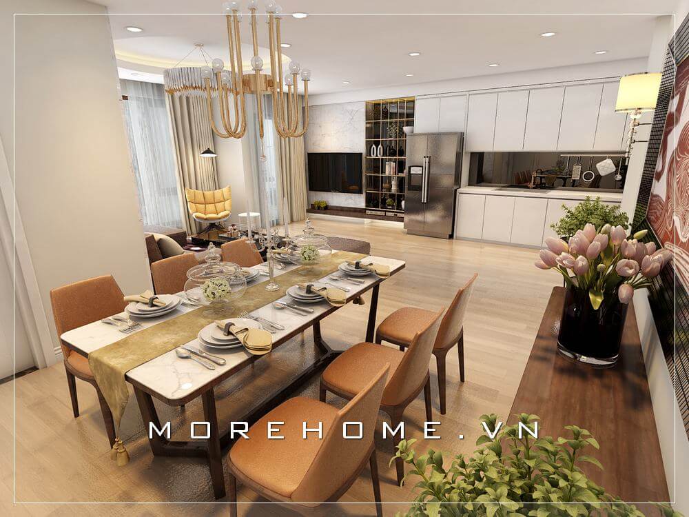 Thiết kế nội thất phòng bếp chung cư với tone màu trắng hiện đại tạo nên không gian thoáng mát và sạch sẽ hơn Thiết kế chung cư