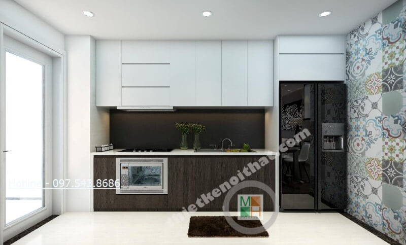 Với lối thiết kế khéo léo, hợp lí, phần tủ bếp được sắp xếp hướng ra ngoài ban công tạo cảm giác thông thoáng hơn cho căn bếp của gia chủ Nội thất phòng bếp gỗ công nghiệp