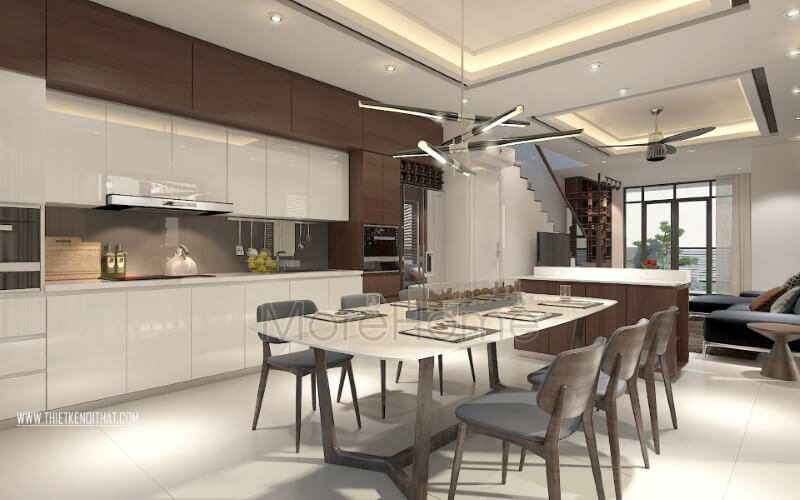 Nội thất phòng bếp với các vật liệu nhẹ như gỗ An Cường và kính cường lực cao cấp giúp không gian nấu nướng trở nên sang trọng và rộng thoáng hơn rất nhiều Nội thất phòng bếp gỗ công nghiệp