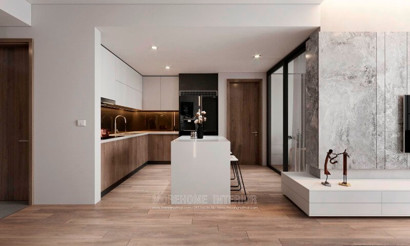 Trang trí nội thất phòng bếp ấn tượng với chất liệu gỗ công nghiệp An Cường. Ở chính giữa được bố trí thêm chiếc bàn đảo tích hợp của nhiều công năng tạo sự tiện nghi cho người nội trợ Nội thất phòng bếp gỗ công nghiệp