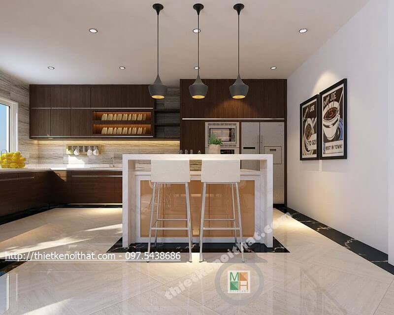 Thiết kế phòng bếp đẹp với nội thất gỗ công nghiệp hiện đại, sang trọng Nội thất phòng bếp gỗ công nghiệp