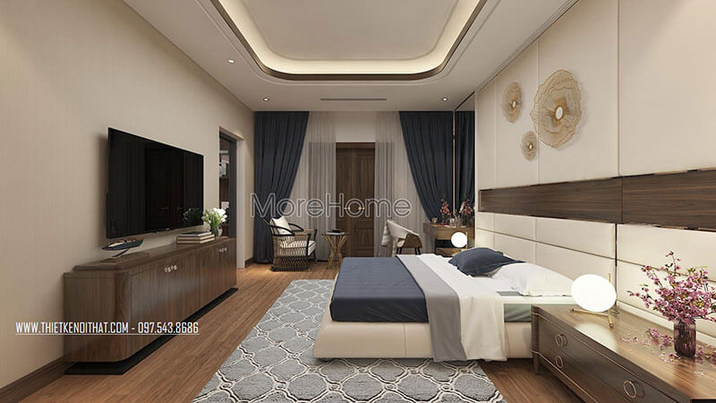 Thiết kế nội thất phòng ngủ Master kết hợp giữa màu nâu trầm của gỗ và màu be của nỉ, da tạo nên sự hài hòa, tinh tế. Hãy ngắm nhìn những mẫu thiết kế nội thất phòng ngủ cao cấp và xa hoa nhất