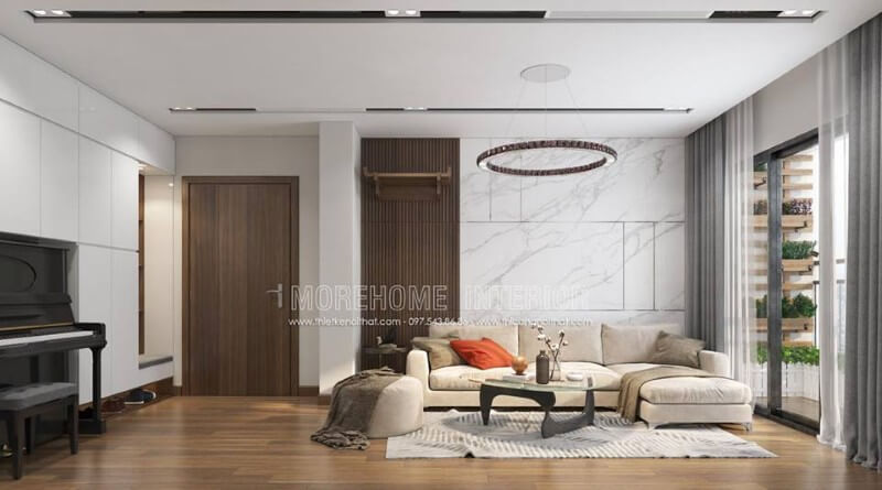 Bộ sofa vải chữ L màu trắng được đặt ở không gian phòng khách tôn lên vẻ đẹp hiện đại cho không gian Cập nhật các mẫu thiết kế sofa phòng khách hiện đại