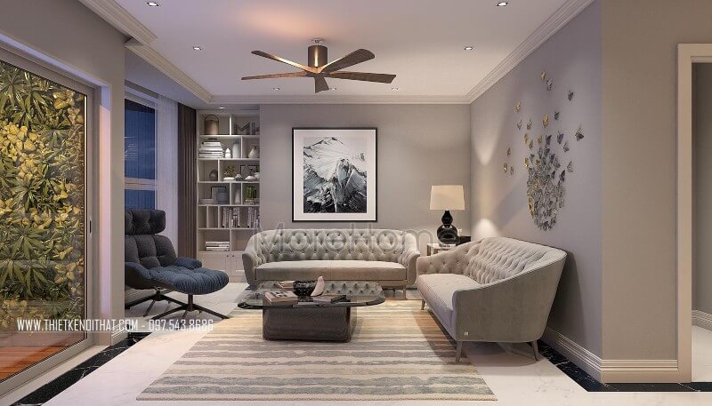 Bộ sofa bọc nỉ cao cấp được lựa chọn cùng tông màu xám của mảng tường tạo sự mới lạ, hiện đại cho không gian phòng khách. Cập nhật các mẫu thiết kế sofa phòng khách hiện đại