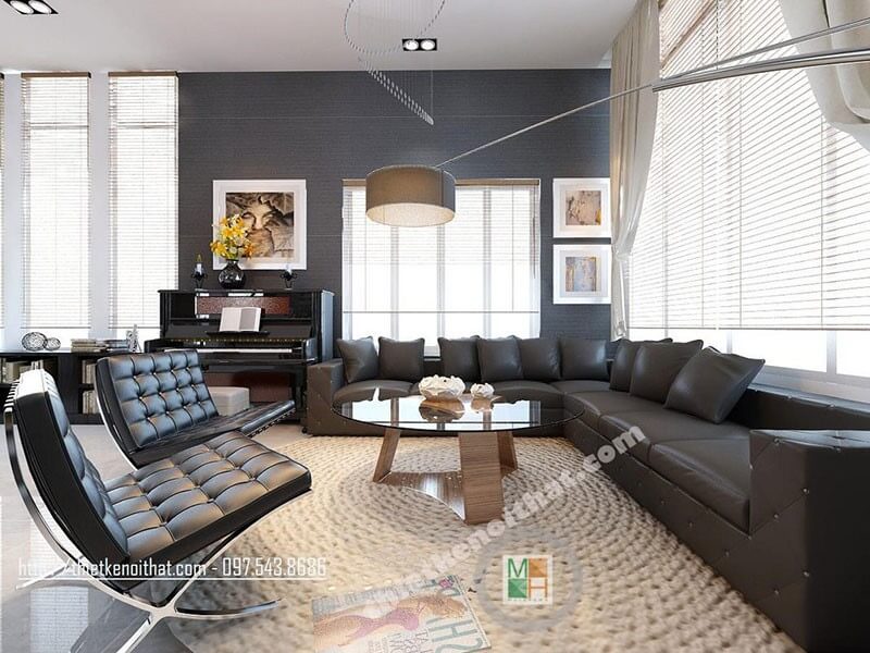 Nội thất sofa chữ L bọc da cho phòng khách với tone màu nâu đen hiện đại, sang trọng Cập nhật các mẫu thiết kế sofa phòng khách hiện đại