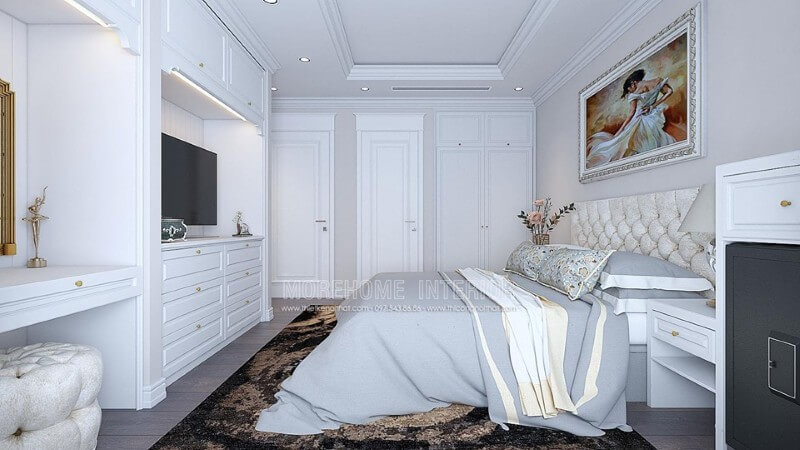 Phòng ngủ tân cổ điển với gam màu trắng tinh khiết mang đến một không gian ngủ thật thông thoáng và sang chảnh