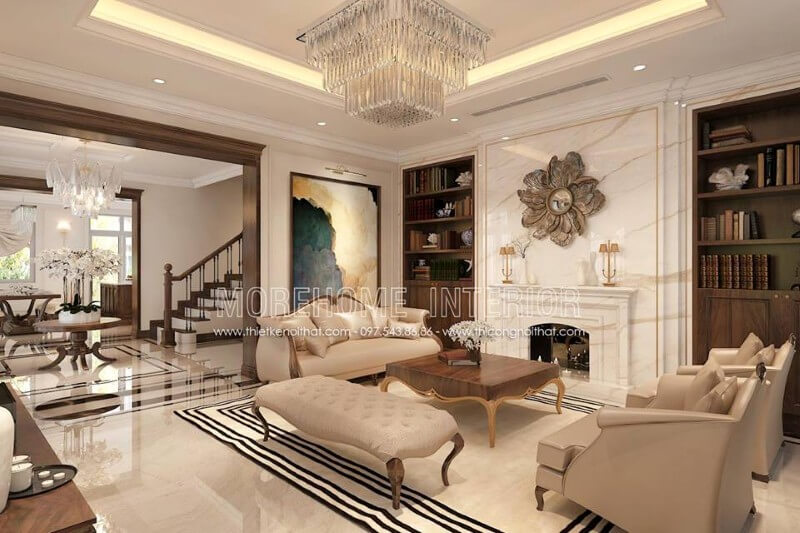 Trang trí nội thất biệt thự cao cấp với chất liệu gỗ óc chó, sự kết hợp hài hòa giữa tone màu nâu trầm và màu vàng be tạo nên một không gian sống đẳng cấp hơn cả Thiết kế nội thất biệt thự cao cấp