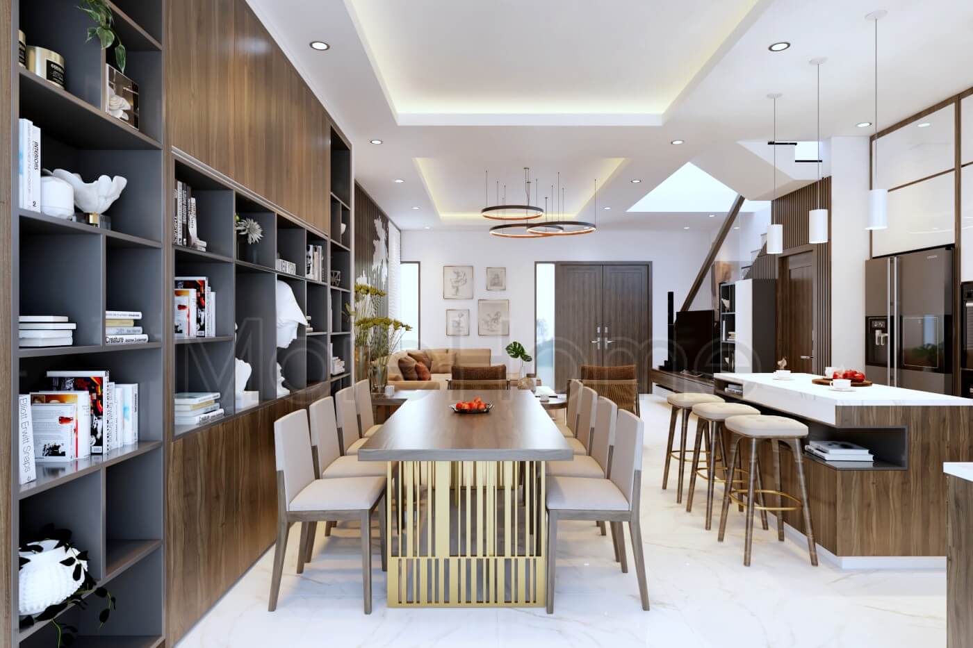 Mẫu bàn ăn gỗ công nghiệp hiện đại với ghế gỗ bọc sofa đẹp cho không gian phòng bếp thêm sang trọng Bàn ăn gỗ công nghiệp