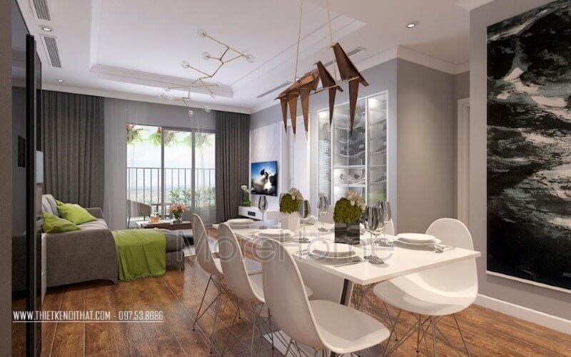 Mẫu bàn ghế ăn 6 chỗ màu trắng tinh khôi ấn tượng được coi là điểm nhấn nổi bật và lạ mắt hơn cho căn hộ chung cư Bàn ăn gỗ công nghiệp