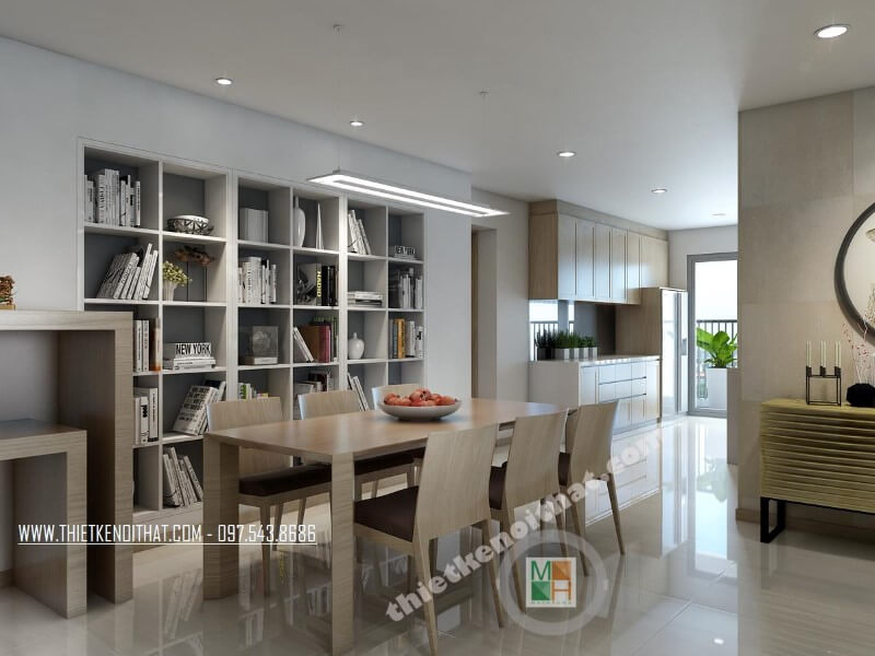Thiết kế bàn ăn gỗ công nghiệp mang tông màu veneer nâu sữa phù hợp với phong cách thiết kế của căn nhà. Bàn ăn gỗ công nghiệp