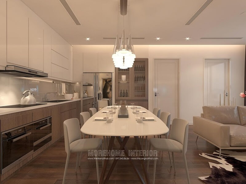 Mẫu bàn ăn cao cấp màu trắng trẻ trung kết hợp với 6 ghế ăn bọc da sang chẳng mang đến không gian phòng ăn ấn tượng cho gia chủ Bàn ăn gỗ công nghiệp