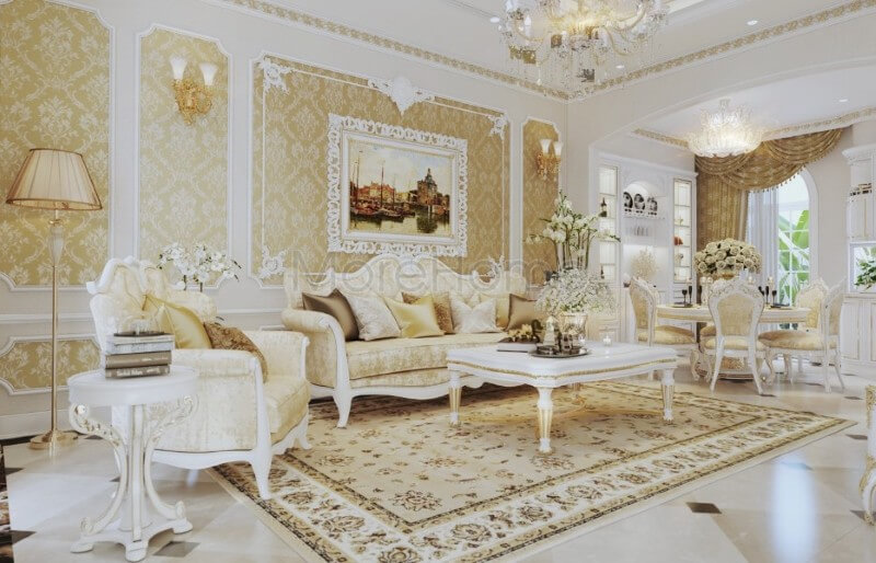 Trang trí nội thất phòng khách biệt thự tân cổ điển được kiến trúc sư đầu tư tỉ mỉ về cả đường nét và màu sắc, thể hiện được đúng cái Thiết kế nội thất phòng khách tân cổ điển đẹp