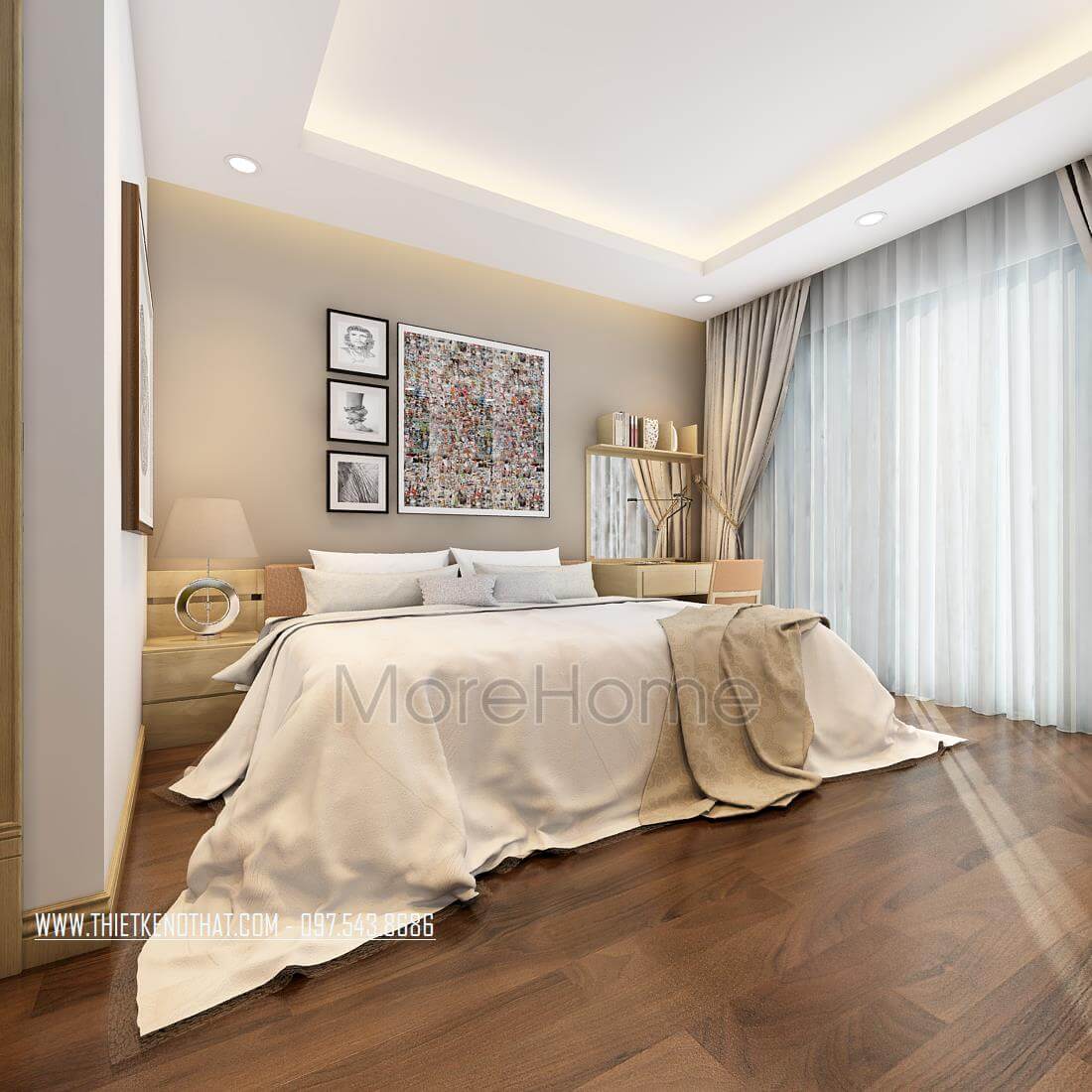 Thiết kế nội thất phong ngủ phong cách hiện đại với tông màu pastel nhẹ nhàng, thoáng mát