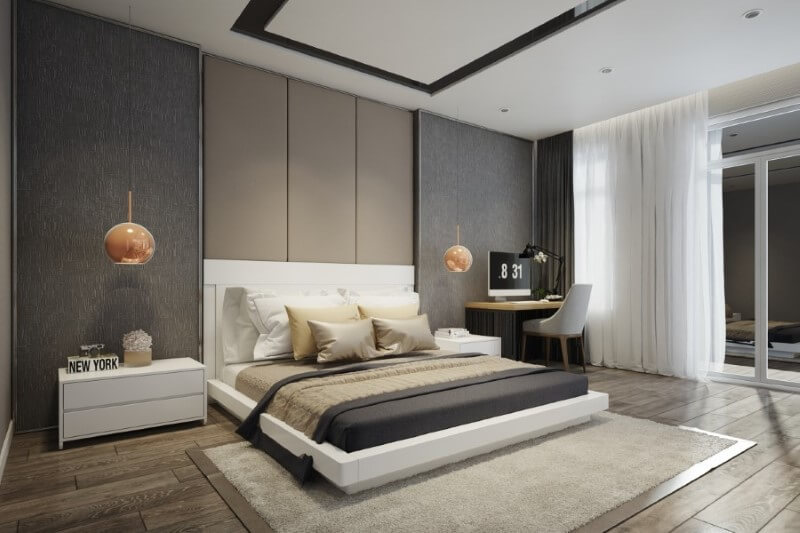 Thiết kế nội thất phòng ngủ master hiện đại sử dụng tông màu trung tính mang lại hiệu ứng cảm xúc cho không gian giúp giả chủ cảm thấy an toàn và ấm áp