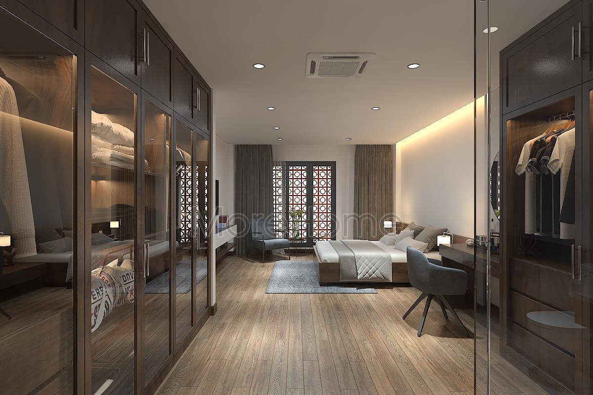 Thiết kế phòng ngủ nhà phố với nội thất gỗ tự nhiên cao cấp độc đáo, sang trọng