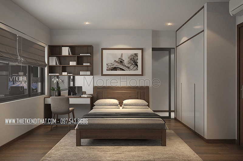 Phòng ngủ bé trai được thiết kế một cách tối giản với chiếc giường gỗ hiện đại không cầu kì, bàn học và kệ trang trí hình vuông cũng giúp cho chàng trai có được góc học tập thông minh nhất.