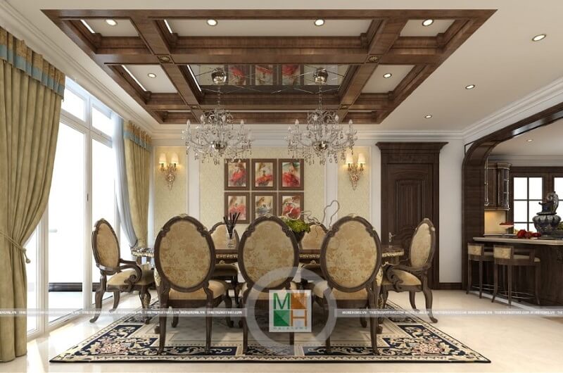Thiết kế nội thất phòng ăn tân cổ điển với bộ bàn ăn tân cổ điển màu vàng ánh kim lộng lẫy Thiết kế nội thất phòng ăn đẹp, đơn giản và nổi bật