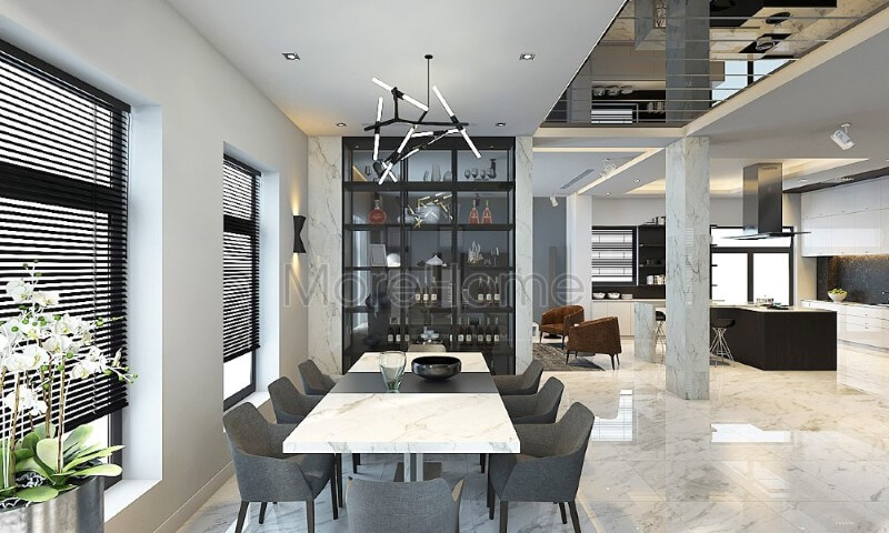 Thiết kế nội thất phòng ăn chung cư đẹp hiện đại được ngăn cách với không gian phòng khách bằng tủ kính đa năng tạo sự riêng tư và thoải mái Thiết kế nội thất phòng ăn đẹp, đơn giản và nổi bật
