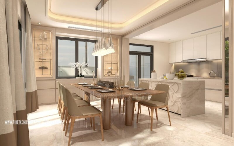 Thiết kế nội thất phòng ăn gỗ tự nhiên kết hợp đèn chiếu sáng, tủ kệ hay các chi tiết nhỏ từ cửa sổ, rèm cửa đều khá ấn tượng mang đến sự hài hòa cho không gian sống. Thiết kế nội thất phòng ăn đẹp, đơn giản và nổi bật