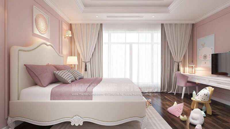 Thiết kế trang trí nội thất phòng ngủ bé gái với tông màu hồng hiện đại, sang chảnh