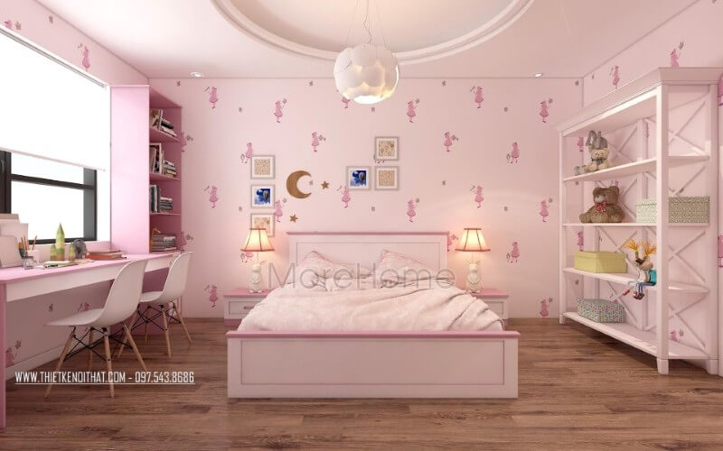 Thiết kế nội thất phòng ngủ bé gái siêu dễ thương với gam màu hồng phấn