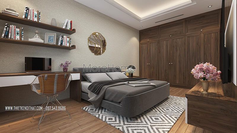 Mẫu giường ngủ gỗ bọc nỉ hiện đại với tâm màu xám nổi bật tạo sự ấm cúng và thư giản giường ngủ hiện đại