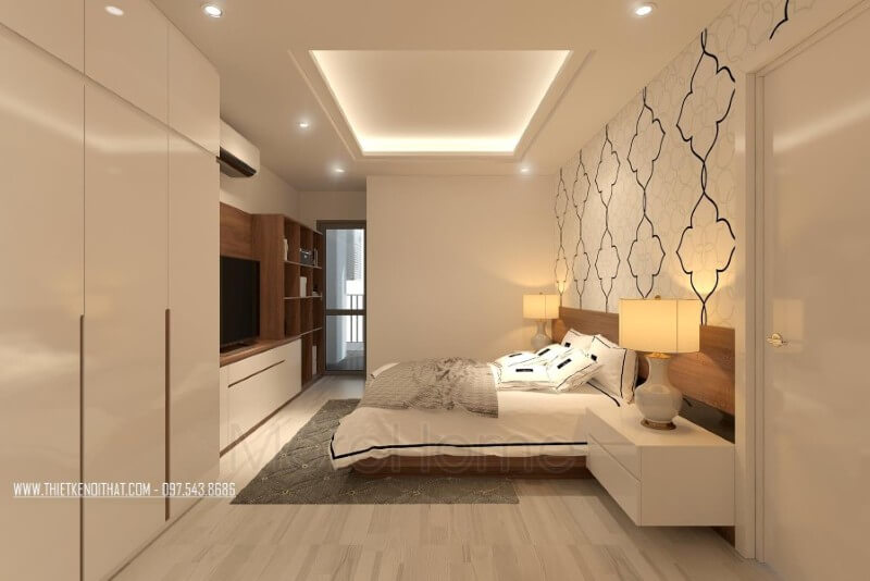 Nội thất phòng ngủ gỗ công nghiệp nhẹ nhàng, tạo nên không gian nghỉ ngơi riêng tư thoải mái và thư giãn nhất thiết kế chung cư