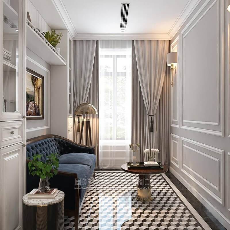 Gạch lát nền giả cổ tạo nét đẹp độc đáo sang trọng cho phòng đọc sách tân cổ điển. thiết kế chung cư