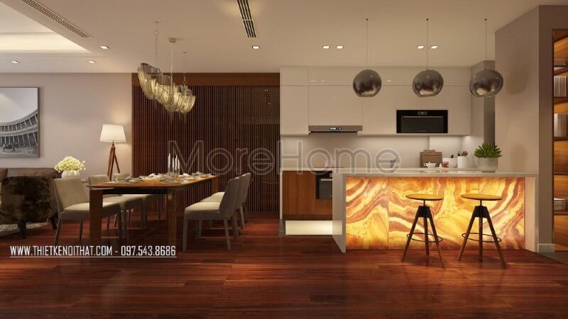 Thiết kế nội thất phòng ăn liền kề với khu vực nấu nướng mang lại sự thuận tiện hơn cho gia chủ Mẫu nội thất chung cư đẹp
