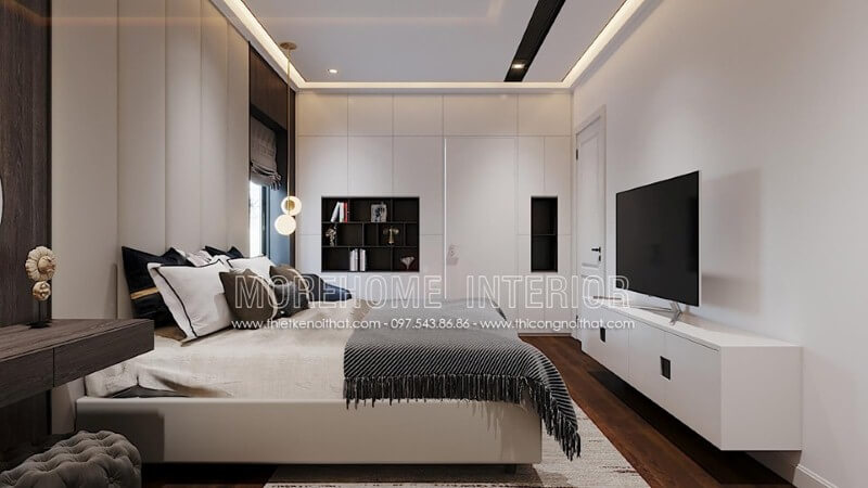 Thiết kế nội thất phòng ngủ hiện đại nổi bật với điểm nhấn trắng sang trọng. thiết kế nội thất chung cư