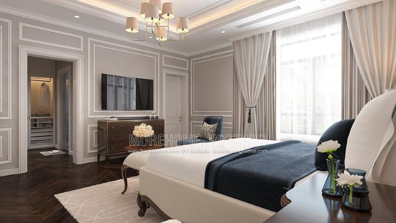 Bố trí nội thất phòng ngủ tân cổ điển có tủ quần áo đối diện giường ngủ khoa học, phong thủy. thiết kế nội thất chung cư
