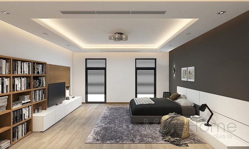 Mẫu giường ngủ đơn giản bọc vải màu ghi sáng nhẹ nhàng không quá cầu kỳ mà lại đủ sức hút cho nhà phố