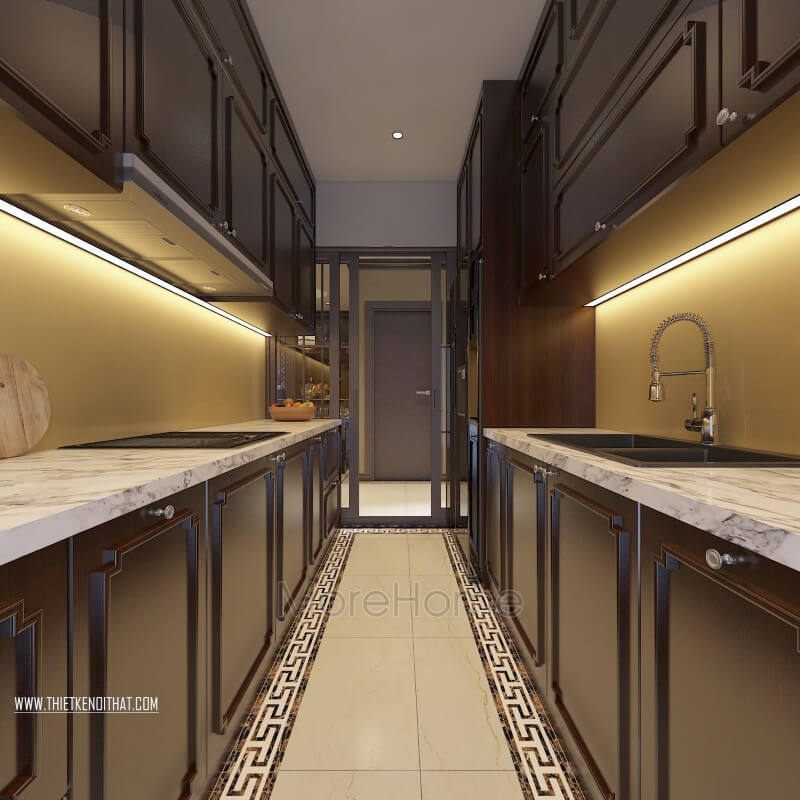 Tủ bếp gỗ việt được kiến trúc sư Morehome thiết kế với những đường chỉ viền cánh đẹp mắt