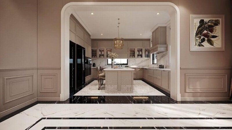 Thiết kế nội thất phòng bếp chữ U phong cách đương đại đẹp, sang trọng tại biệt thự cao cấp Hải Phòng.