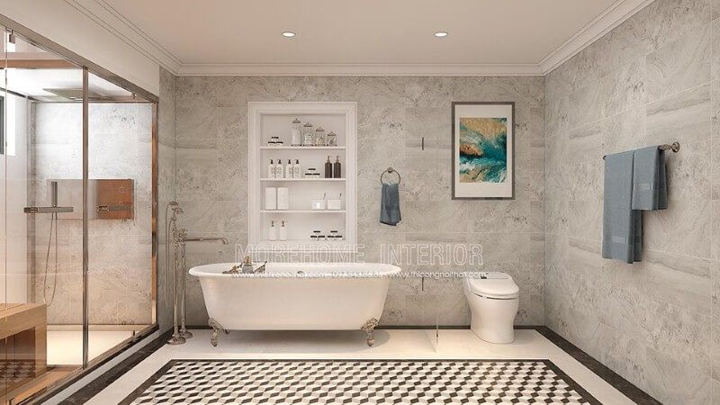 Bồn tắm độc lập Vitoria Hafele cao cấp kết hợp cùng cách bố trí khoa học, thẩm mỹ từ đá ốp tường, gạch lát nền giả cổ, vách tắm kính đã tạo nên không gian phòng tắm đẹp, sang trọng, độc đáo.