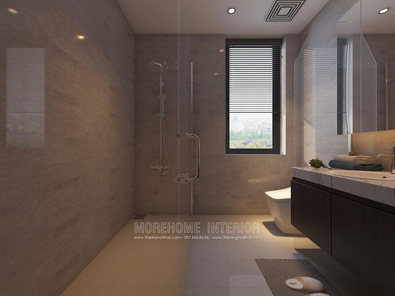 Phòng tắm kính 135 độ với trang trí khoa học giúp không gian phòng tắm nhỏ trở nên thông thoáng nhưng vẫn đảm bảo tiện nghi.