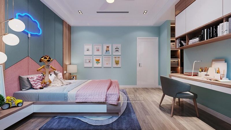 Phòng ngủ trẻ em được trang trí đẹp bằng một chiếc giường ngủ hiện đại cùng với bàn học liền giá sách khoa học và thẩm mỹ, tranh canvas treo tường độc đáo và màu sơn tường tươi mới.