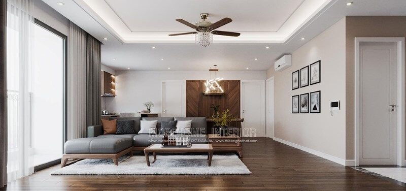 Gợi ý bạn mẫu thiết kế sofa phòng khách bằng gỗ óc chó sang trọng tại căn hộ chung cư Imperia Sky Garden Hà Nội